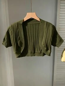 SHEIN EZwear 純色短袖短版針織開襟衫 - 軍綠色 - 查看 3