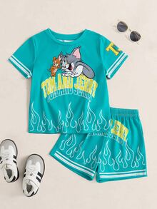 TOM & JERRY X SHEIN Young Boy Fun Cartoon Print Crew Neck Short Sleeve T-Shirt And Striped Shorts 2-Piece Set - Multicolor - View 1