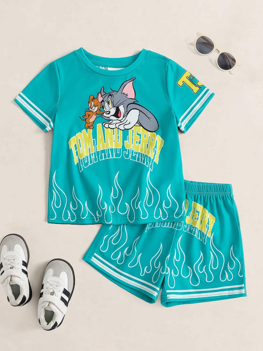 TOM & JERRY X SHEIN Young Boy Fun Cartoon Print Crew Neck Short Sleeve T-Shirt And Striped Shorts 2-Piece Set - Multicolor - View 1