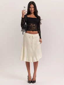SHEIN BAE Regular damkjol i enfärgad stickad design med midjeband - Aprikos - Visa 1