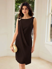 MOTF PREMIUM WOMEN BLACK BUCKLE METAL SHOULDER SLEEVELESS MIDI DRESS - Dark Brown - View 4