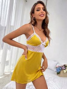 SHEIN 女款蕾絲拼接性感日常居家細肩帶睡裙 - 黃色 - 查看 4