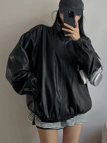 DAZY Women's Solid Color Zipper Casual Street Versatile Daily Travel Long Sleeve Leather Jacket Fall Winter Night Out Black - Grey - View 8