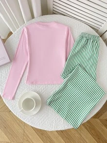 SHEIN 青少年女孩秋冬休閒兩件套，圓領長袖龍蝦與檸檬印花修身上衣搭配條紋印花長褲，日常穿著 - 粉色 - 查看 4