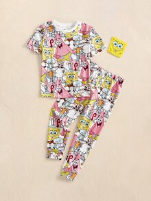 SpongeBob SquarePants | SHEIN Young Girl Cartoon Print Short Sleeve Top And Long Pants Casual Daily Home Pajama Set - Multicolor - View 1