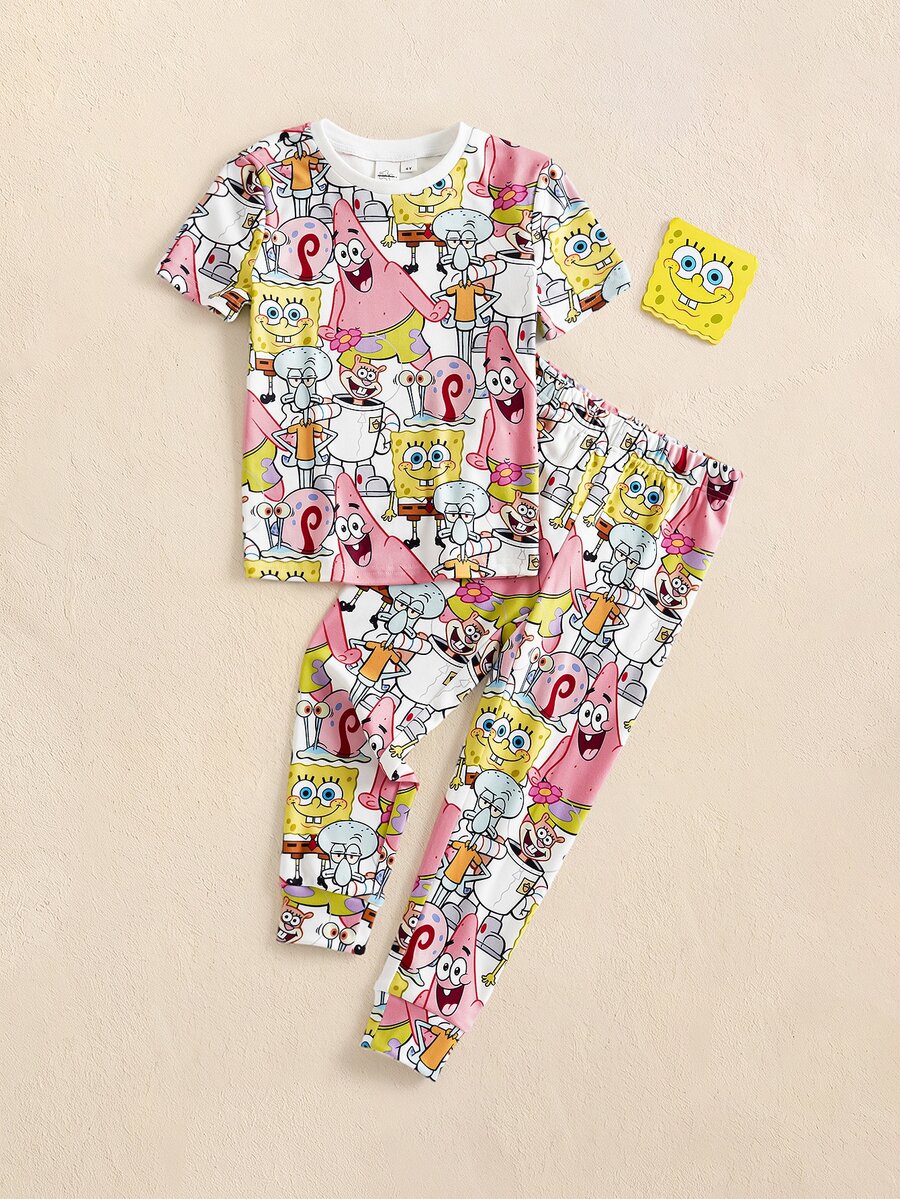 SpongeBob SquarePants | SHEIN Young Girl Cartoon Print Short Sleeve Top And Long Pants Casual Daily Home Pajama Set - Multicolor - View 1