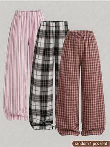 Teen Girls Black White Plaid Micro-Fleece Wide Leg Sweatpants (Suitable For Daily Wear) Autumn - Red - View 1