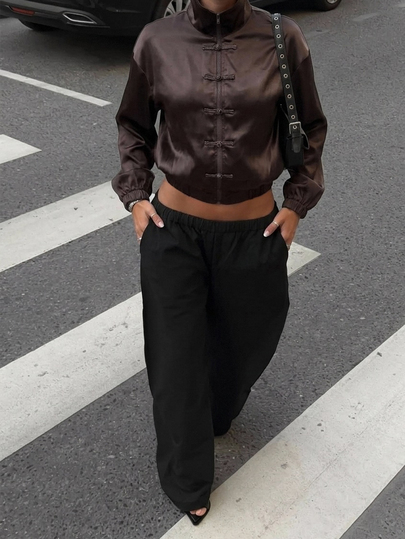 Siren Gaze Chaqueta casual de mujer de unicolor con diseño de botones de rana y manga larga