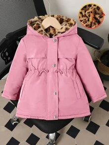 Elladie kids 少女款豹紋連帽冬季外套，粉色保暖連帽派克大衣，適合各種日常場合與休閒穿著 - 粉色 - 查看 6