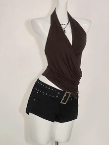 SHEIN ICON 女款素色百褶重疊V領休閒掛脖背心上衣 - 棕色 - 查看 4