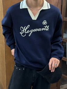 DAZY 男士海軍藍拼接拼接羅紋領字母印花刷毛布料短版套頭運動衫 - 寶藍色 - 查看 1