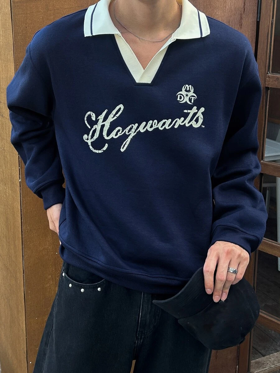 DAZY 男士海軍藍拼接拼接羅紋領字母印花刷毛布料短版套頭運動衫 - 寶藍色 - 查看 1