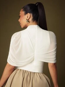 Vixey Burgundy Mesh Asymmetrical Draped Sleeve Mock Neck Top - White - View 5