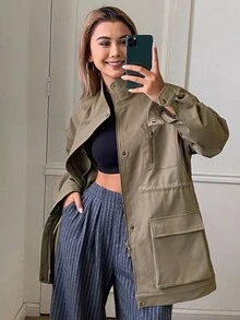 DAZY Women's Solid Color Loose Fit Utility Jacket With Pockets And Zipper, Long Sleeve Casual Streetwear Fall Regular Jacket Everyday Going Out Olive Green - Khaki - View 1