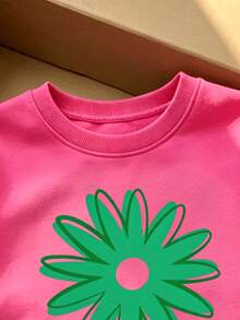 秋冬女童幼兒休閒清新綠色花卉字母印花圓領衛衣＋寬腿褲 2件套，返校、聖誕節、萬聖節 - 彩色 - 查看 4