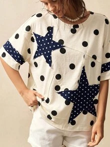 Bohemela Women's Polka Dot Print Star Patchwork T-Shirt - Multicolor - View 6