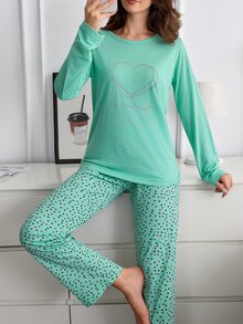 SHEIN طقم نوم وكاجوال نسائي من قطعتين باللون الأخضر النعناعي، قطن، مطبوع بنقشة قلب وحروف، أكمام طويلة وبنطال طويل - أخضر نعناع - مشاهدة 4