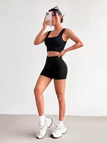 SHEIN Velisys Regular Fit Backless Straight Strap Waist-Cinched Butt-Lifting Ribbed Knit Black Sports Bra Shorts Set Fitness/Yoga Workout Gym Summer - Black - View 4