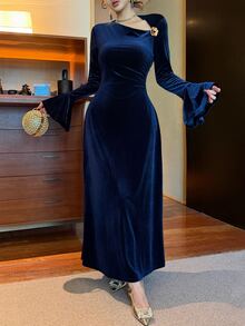 DAZY Women's Solid Color Metal Decor Casual Party Mid-Length Dress Fall - Blue - View 7