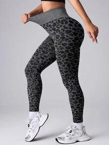 Slayform Leopard Print Mid-High Waist Casual Sports Seamless Leggings - Dark Grey - View 2