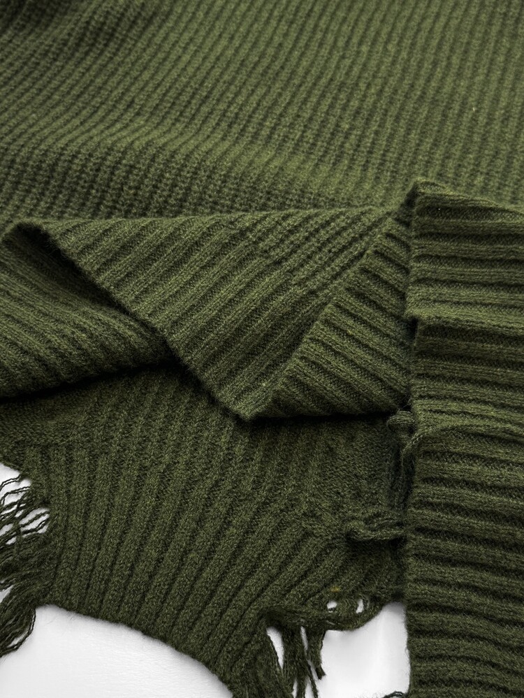 Maweii Sweater Pullover Kasual Rajut Kabel Leher V Wanita Ukuran Besar dengan Efek Usang - Hijau - View 7