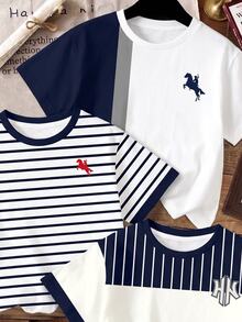 SHEIN Tween Boy Casual Bekväm Mode Minimalistisk Rund Hals Kortärmad T-shirt 3-delat Set, Klassisk Cool Retro Randig, Färgblocksmönster, Utsökt Liten Riddare Logotypmönster - Multifärgad - Visa 3