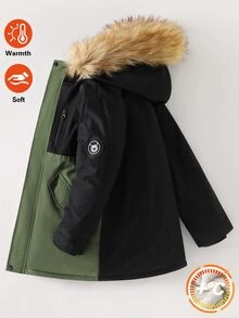 SHEIN 男童棉質加厚外套，黑色與軍綠色拼接連帽毛領填充外套，適合冬季與戶外穿著 - 軍綠色 - 查看 4