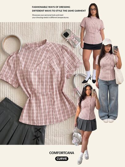 CovetEZ Plus Size Summer Casual Plaid Petal Sleeve Shirt