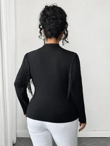 SHEIN Elenzya Plus Size Women's Elegant Commuter Slim Fit Casual T-Shirt With Tassel Mesh Patchwork Design Long Sleeve Fall - Black - View 2