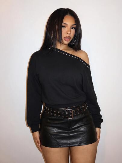 Slaydiva Herfst/Winter Nieuwe Asymmetrische Hals Klinknagel Lange Mouw Top Sweatshirt, Zijwaartse Gerimpelde Taille Losse Slanke Sexy Gebreide Dames Sweatshirt - A