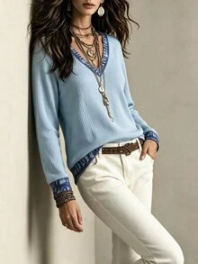 LUMIGAL Fashion Contrast Trim V Neck Sweatshirt Women Ribbed Long Sleeve Casual Hoodie - Multicolor - View 3