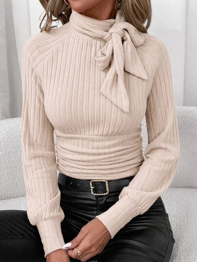 SHEIN Clasi Women's Solid Color Knotted Neckline Long Sleeve Ribbed Casual T-Shirt