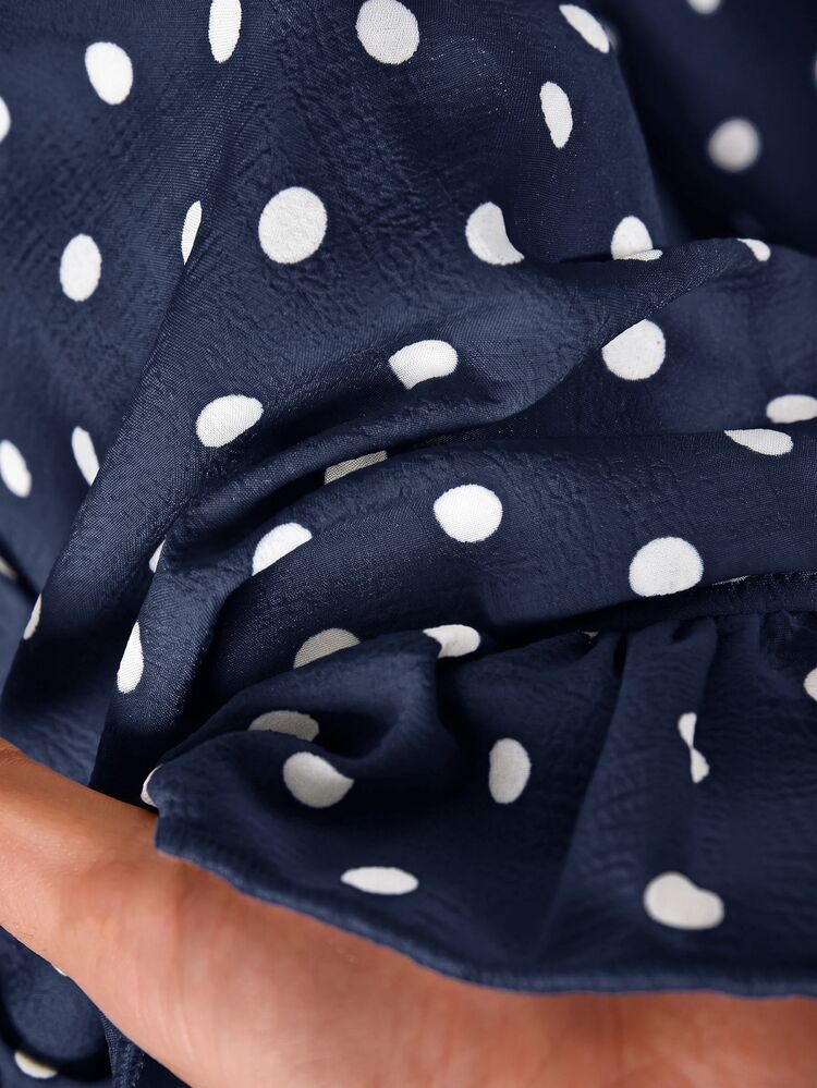 CosyJoli Plus Size Casual Polka Dot Textured A-Line Doll Dress Button-Up Shirt - Navy Blue - View 6
