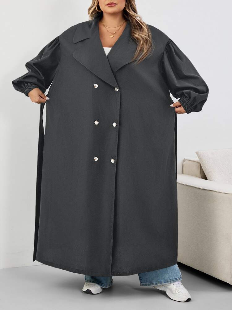 SHEIN CURVE+ Plus Size Women's Black Long Trench Coat, Black Long