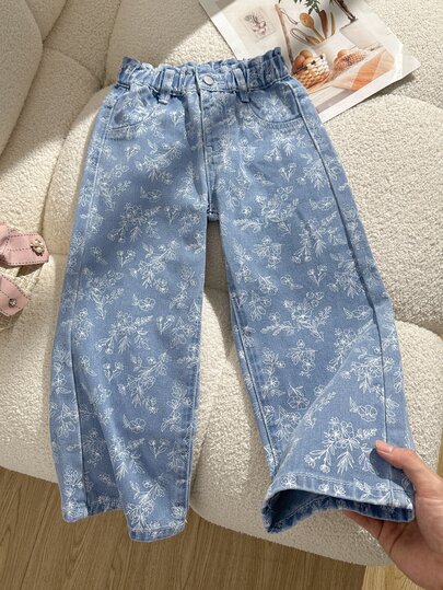 SHEIN Girls' Autumn New Floral Print Denim Jeans, Fashionable Bud Waist Design, Loose Wide Leg Casual Versatile Minimalist Style, Loose Straight Leg Washed Medium Blue Comfortable Denim Pants, Soft Cotton Material, Stylish And Comfortable For Daily Wear, School, Vacation, Thanksgiving, Christmas Or Back To School Season