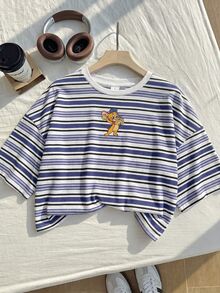 TOM & JERRY X SHEIN SHEIN EZwear 大尺碼休閒條紋卡通印花圓領短袖短版T恤，適合夏季外出 - 彩色 - 查看 5