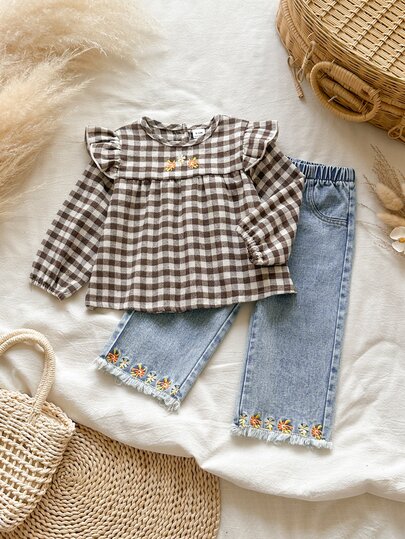 Vintaside Kids Conjunto de 2 piezas para bebé niña: Top de manga larga a cuadros marrones vintage con delicado bordado floral y patchwork, combinado con jeans vaqueros acampanados con dobladillo de flecos, estilo dulce y lindo, atuendo diario de otoño/invierno, diseño de manga acampanada con volantes, elegante y cómodo, conjunto de ropa para bebé de gran