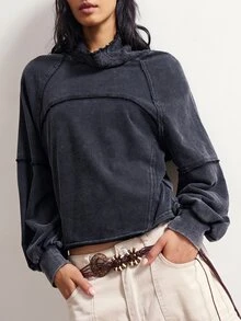 Bohemela Casual Solid Color Knit Long Sleeve Women's Sweatshirt - Black - View 4