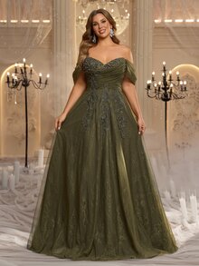 Glamrae Plus Size Elegant Romantic Green Off Shoulder Lace Patchwork Mesh Ruched Applique Puff Skirt Extra Large A-Line Suitable For Evening Party Date Ball Vacation Wedding Event Heavy Work Evening Gown Dress - Green - View 1