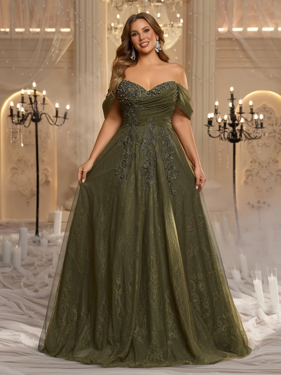 Glamrae Plus Size Elegant Romantic Green Off Shoulder Lace Patchwork Mesh Ruched Applique Puff Skirt Extra Large A-Line Suitable For Evening Party Date Ball Vacation Wedding Event Heavy Work Evening Gown Dress - Green - View 1