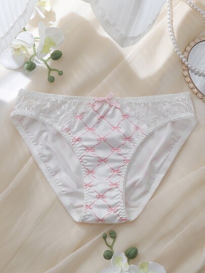 DelicateAllure Weiße Schleifen-Muster Spitze Patchwork bequeme reine Damen Dreieck-Höschen