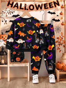 Conjunto de 2 piezas de sudadera y pantalones deportivos casuales y cómodos de manga larga para niños pequeños, adecuado para otoño/invierno, con estampado clásico de Halloween de calabaza, araña, bruja, fantasma, dinosaurio, esqueleto y murciélago, cuello redondo, de punto suave, estilo casual - Multicolor - Ver 4