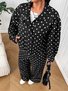 SHEIN EZwear Setelan 2 Potong Jaket & Celana Motif Polkadot Kasual Musim Gugur Ukuran Besar untuk Kostum Halloween Musim Gugur - Hitam - View 5
