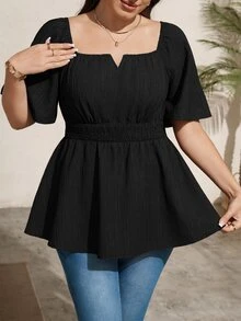 Comfylo Plus Size Women's Solid Color Pleated Casual Versatile Daily Wear Shirt - Black - View 3