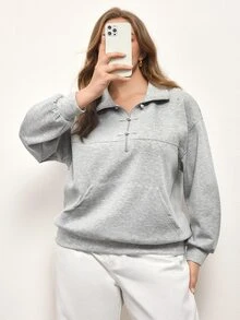 Maija Plus Size Grey Front Zipper Pullover Sweatshirt - Grey - View 4