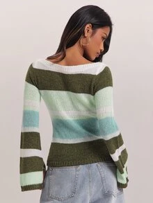 SHEIN BAE Sweater Pullover Wanita Bergaris Warna Kontras - MultiWarna - View 2