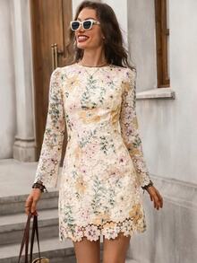 SHEIN Clasi Women's Floral Print Casual Party Dress - Apricot - View 3