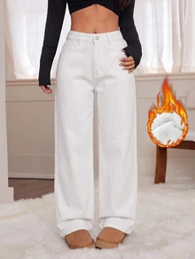 SHEIN PETITE Women's Winter Thermal Lined Button Pocket Jeans Fall Clothes - White - View 2