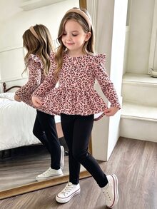 Elladie kids 女童 2 件組愛心印花荷葉邊長袖 T 恤與內搭褲套裝，春秋款 - 粉色 - 查看 3