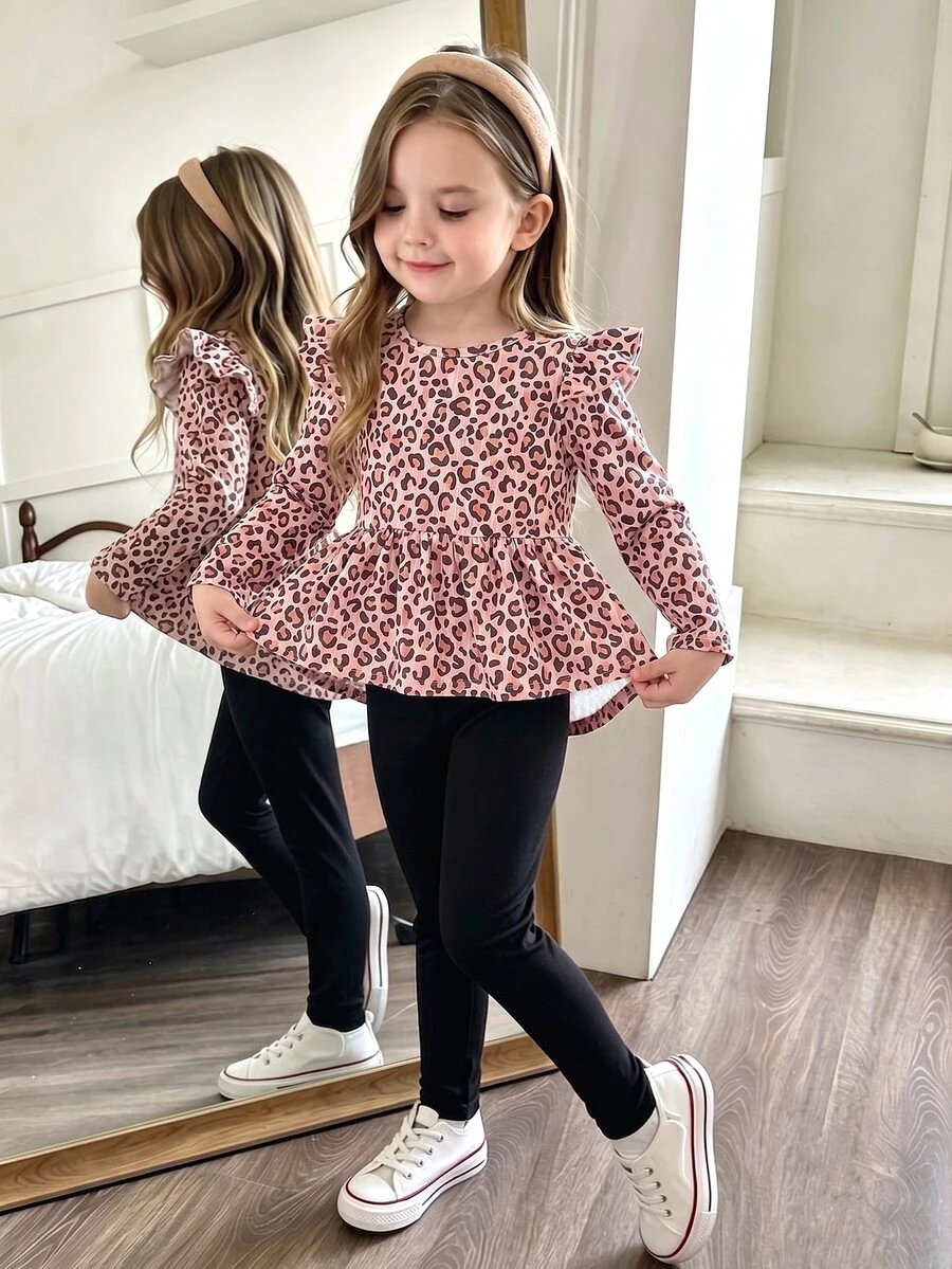 Elladie kids Girls 2pcs Set Heart Print Ruffle Trim Long Sleeve T-Shirt And Leggings, Spring/Autumn - Pink - View 1